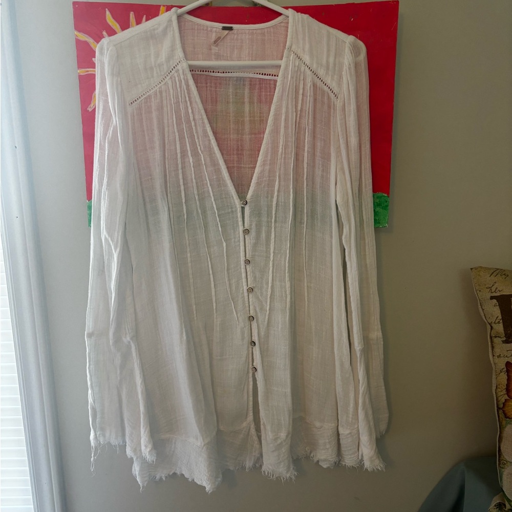 Free People White Gauze Button-Down Blouse Sz M, EC
